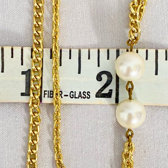 Gold Tone Twisted Cable Chain Necklace Two Strands Station Pearly Beads Tassle - Picture 9 of 9